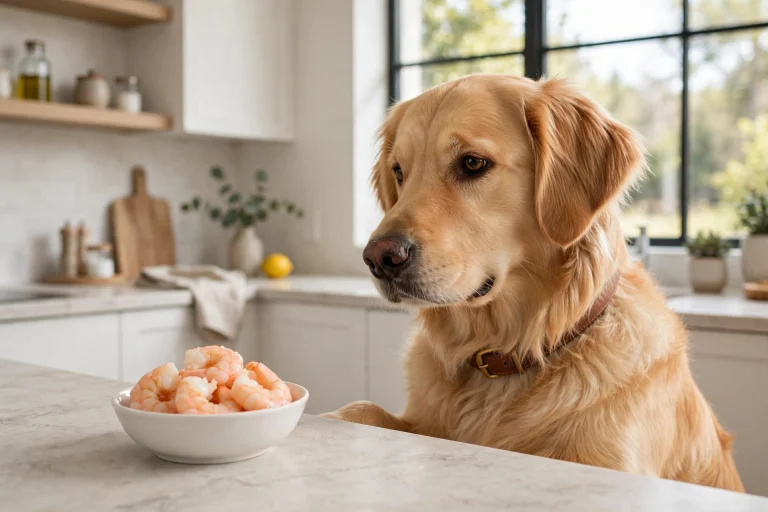 Golden retriever looking at a bowl of plain cooked peeled shrimp on a kitchen counter