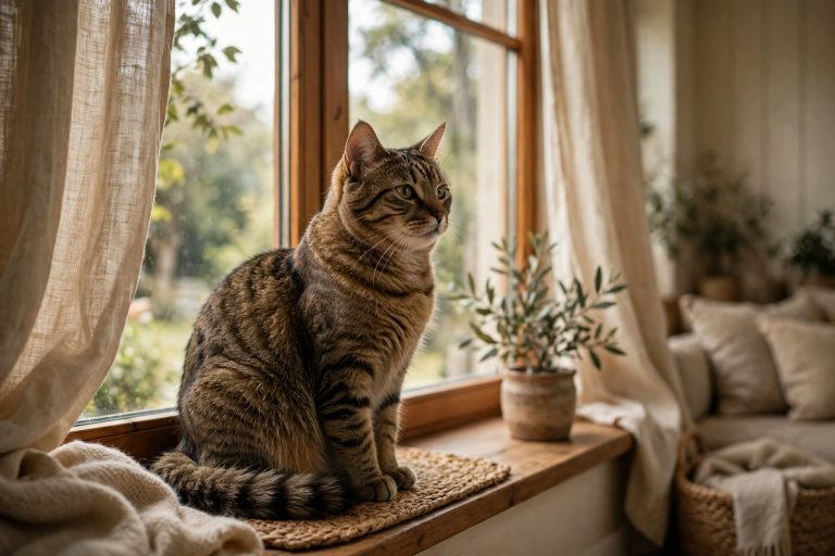 A lone cat sitting by a window, one of the common signs of feline loneliness