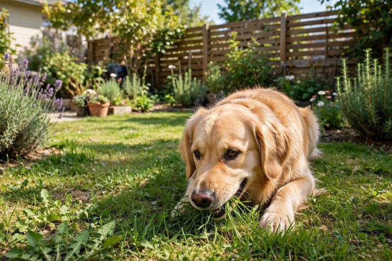 A golden retriever nibbling fresh green grass on a sunny lawn