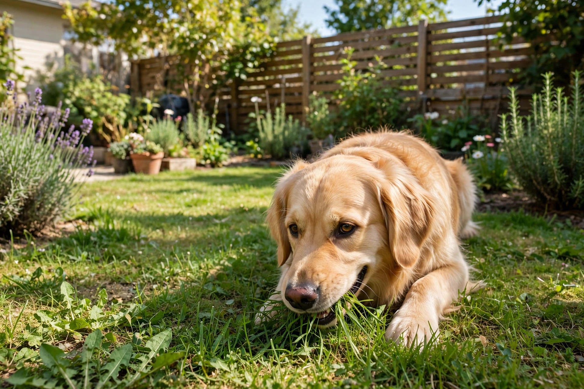 A golden retriever nibbling fresh green grass on a sunny lawn