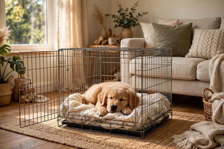 A golden retriever puppy resting calmly in an open crate with a soft blanket