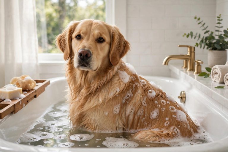 A golden retriever getting a bath with soap suds in a bathtub