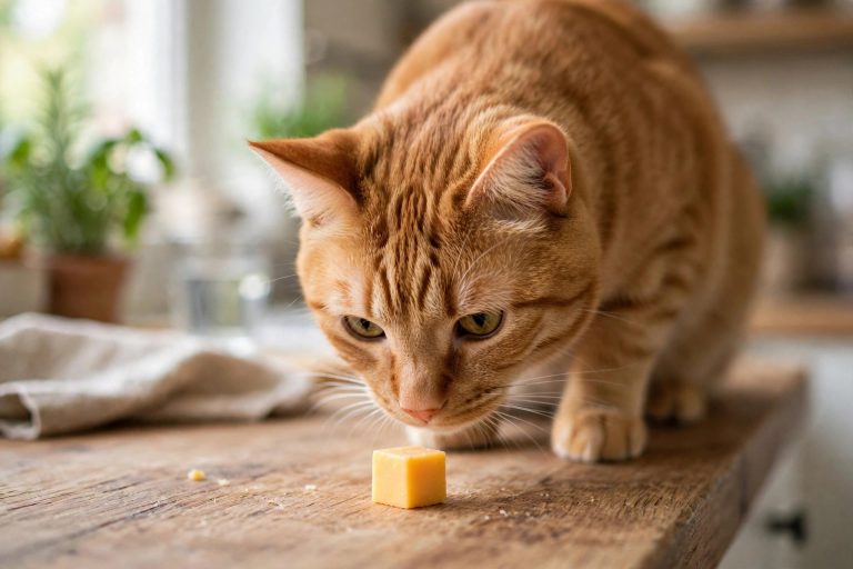 An orange tabby cat sniffing a small cube of cheddar cheese on a kitchen counter