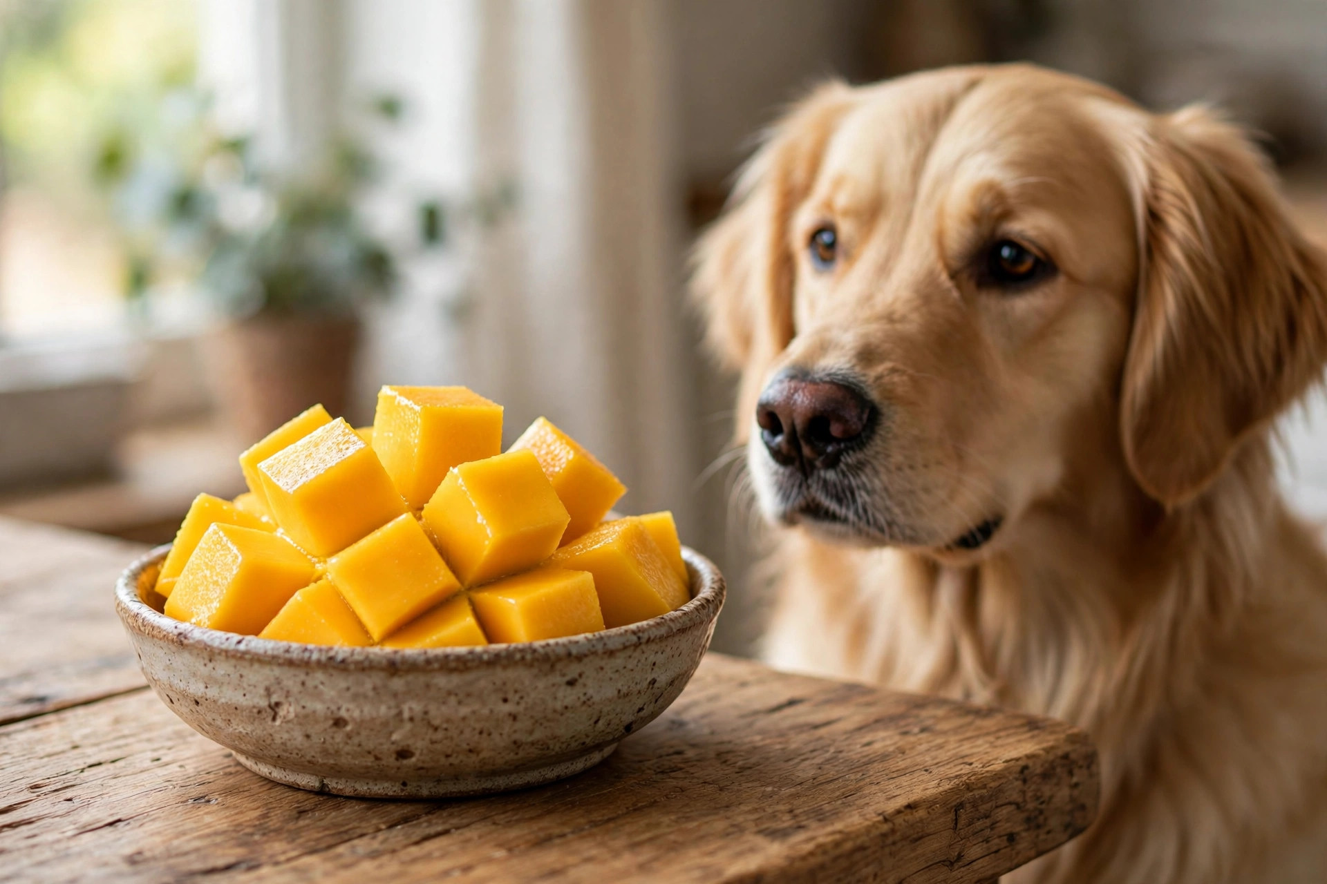 Fresh mango cubes cut into bite-size pieces — the only part of the mango that's safe for dogs