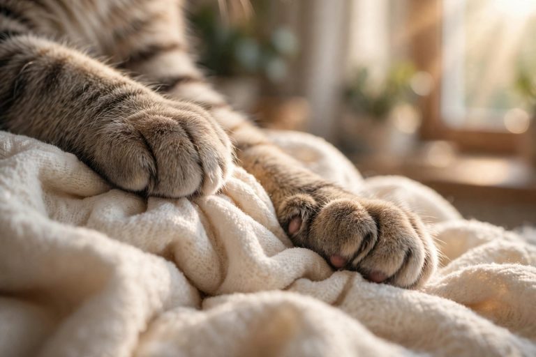 A cat kneading a soft blanket with its front paws — the classic 'making biscuits' behavior