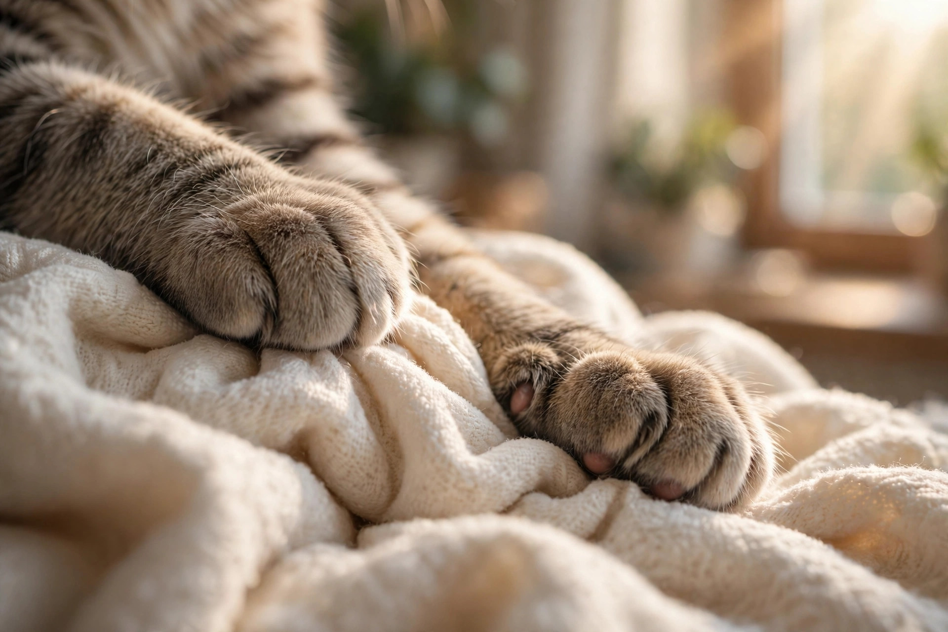 A cat kneading a soft blanket with its front paws — the classic 'making biscuits' behavior