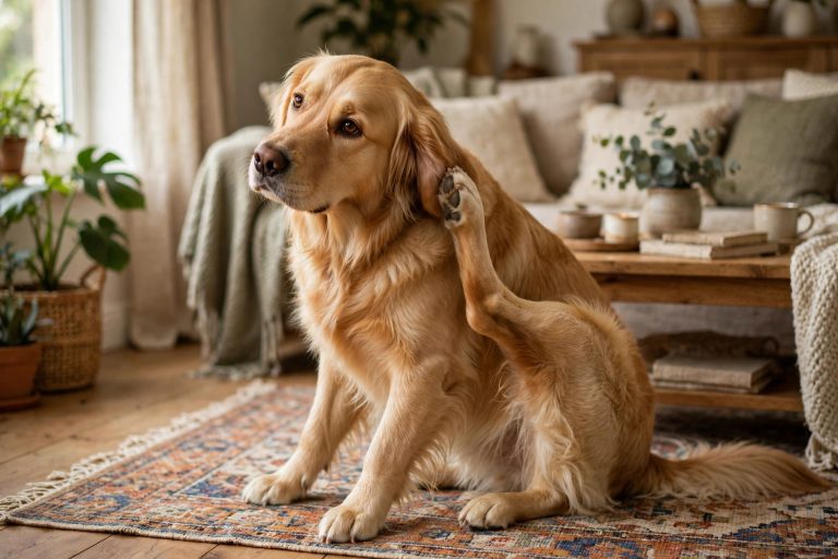 A golden retriever scratching its itchy ear on a living room rug