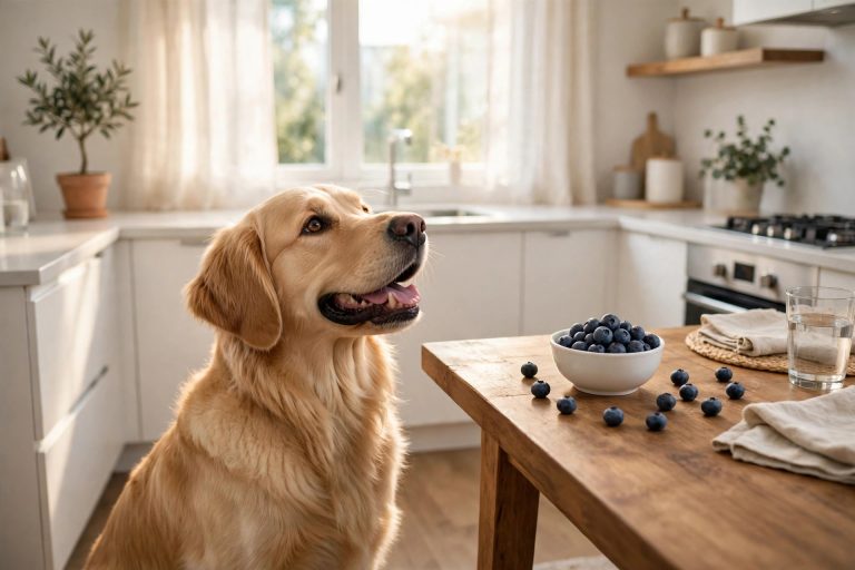 A golden retriever looking at a bowl of fresh blueberries on a kitchen table