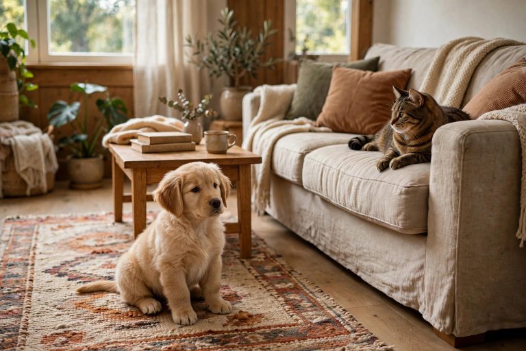 A golden retriever puppy and a tabby cat sharing a living room calmly during their first weeks together