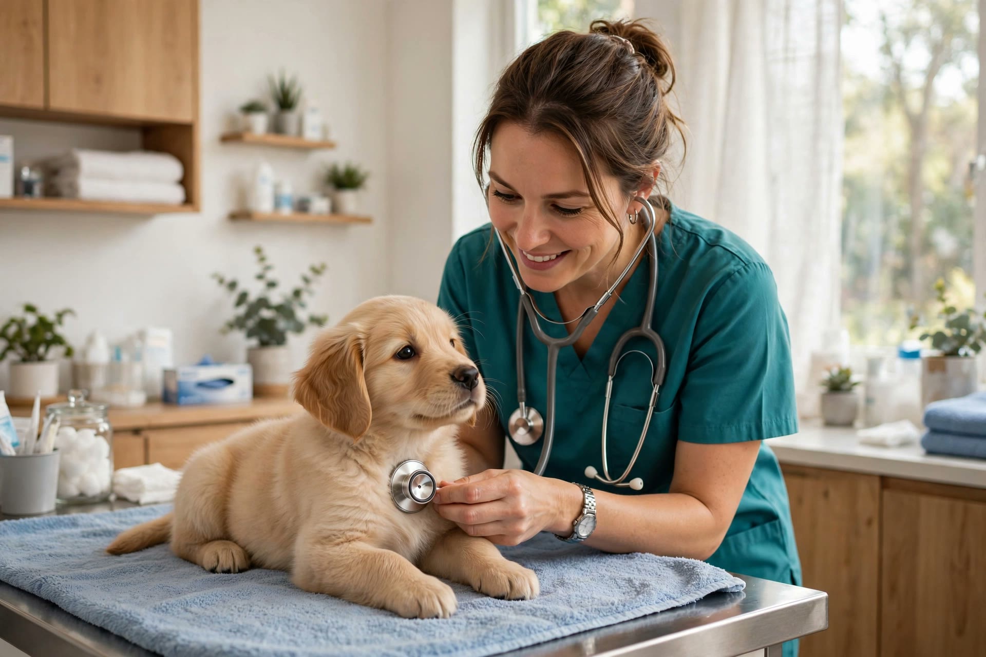 Veterinarian examining a golden retriever puppy during a vaccination visit