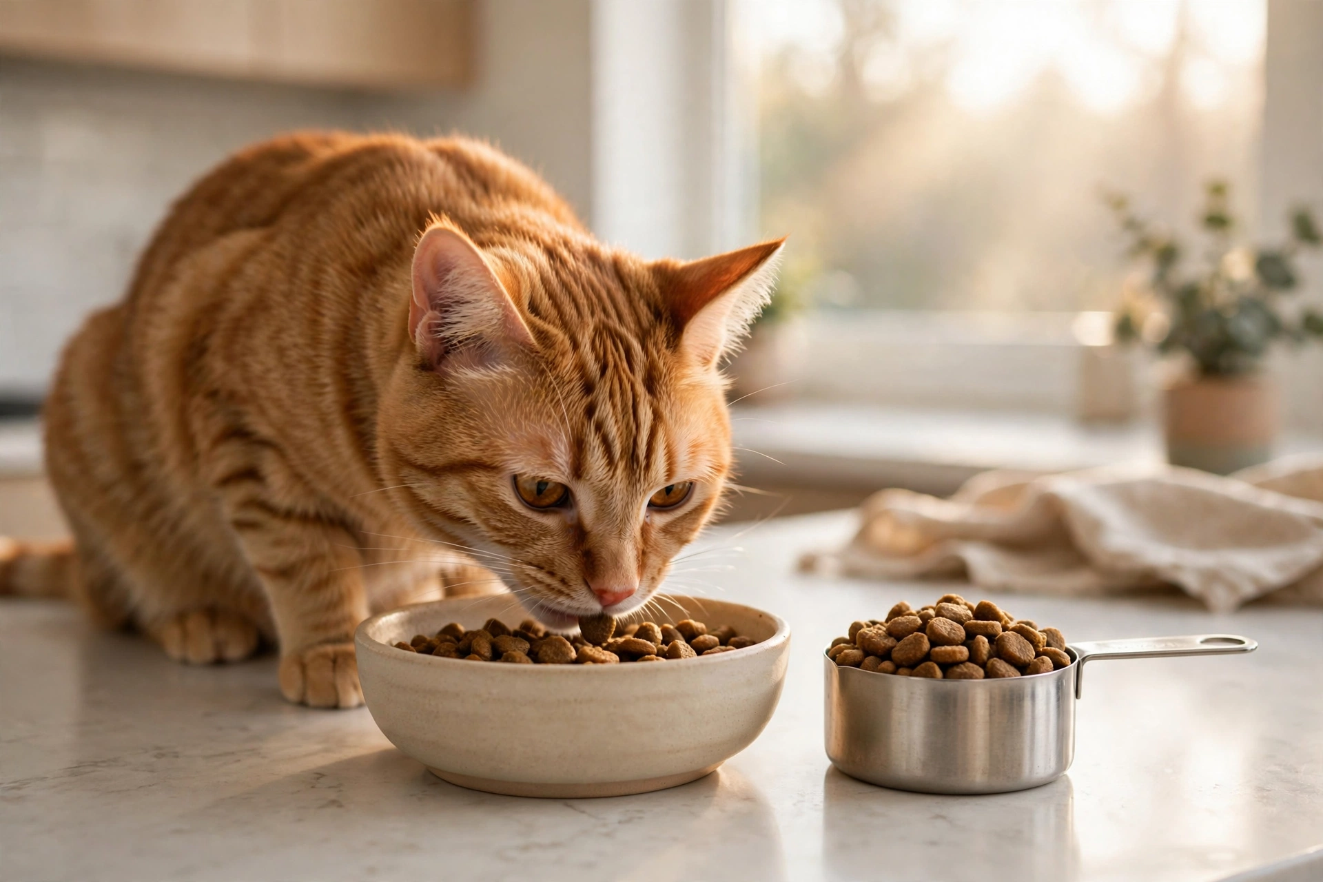 Orange tabby cat eating dry food from a bowl in a bright kitchen — cat feeding guide