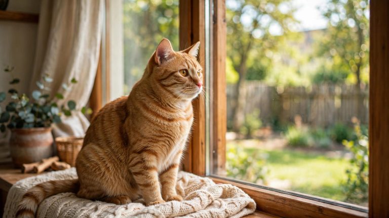 Orange tabby cat sitting on a windowsill looking out at a sunny garden