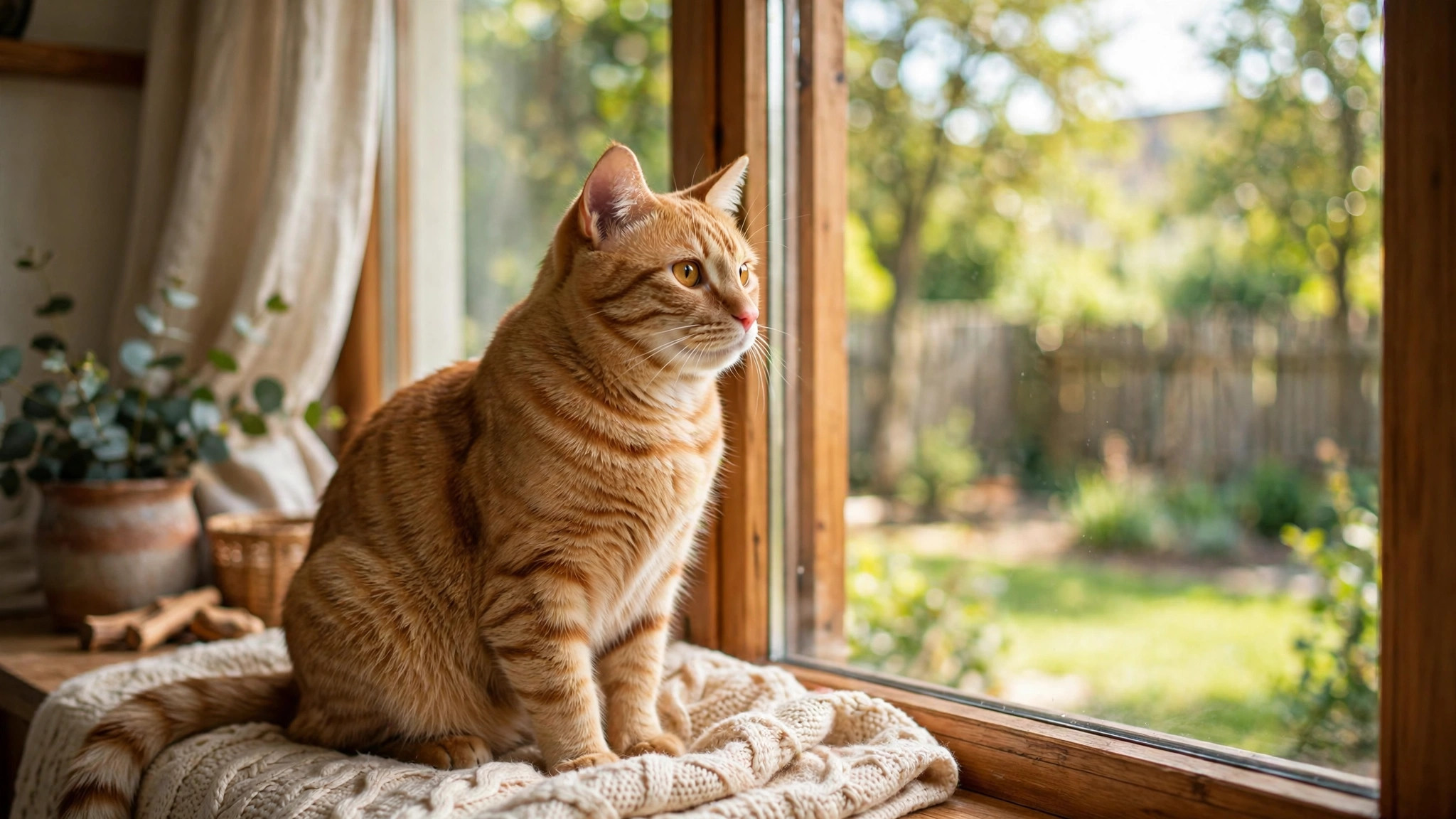 Orange tabby cat sitting on a windowsill looking out at a sunny garden