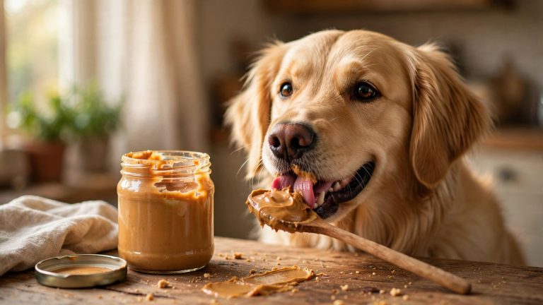 Golden retriever licking peanut butter from a wooden spoon next to an open jar