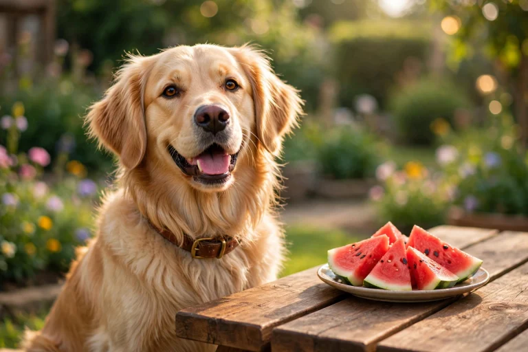 Golden retriever dog with fresh watermelon slices on a wooden picnic table in a sunny garden