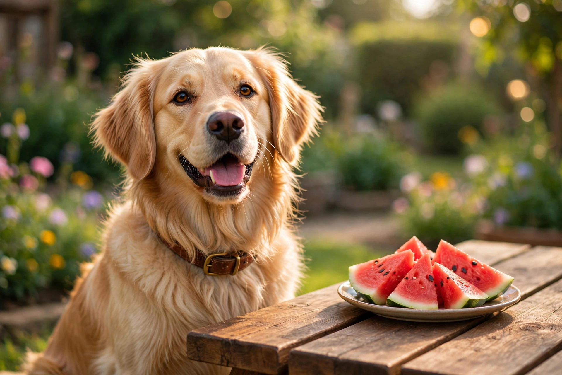 Golden retriever dog with fresh watermelon slices on a wooden picnic table in a sunny garden