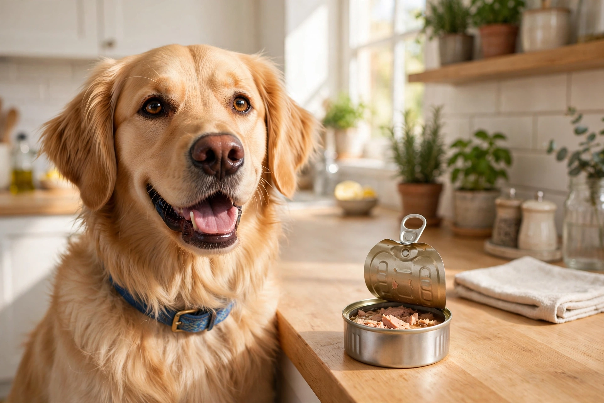Happy golden retriever dog next to an open can of tuna in a bright kitchen