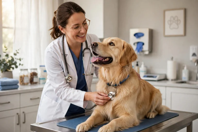 Female veterinarian with stethoscope examining a happy golden retriever in a modern clinic